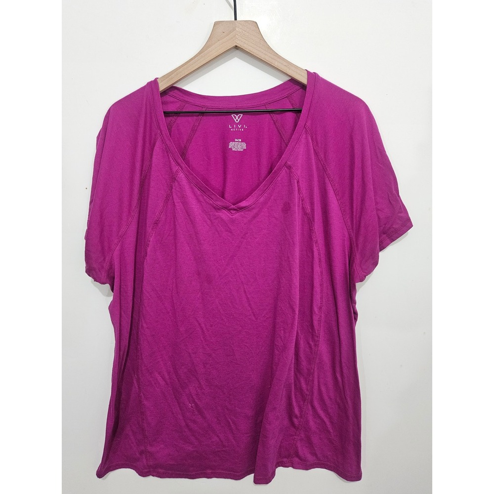 Livi Active Womens Magenta Pink V-Neck Short Sleeve Workout Top Plus Size 26/28